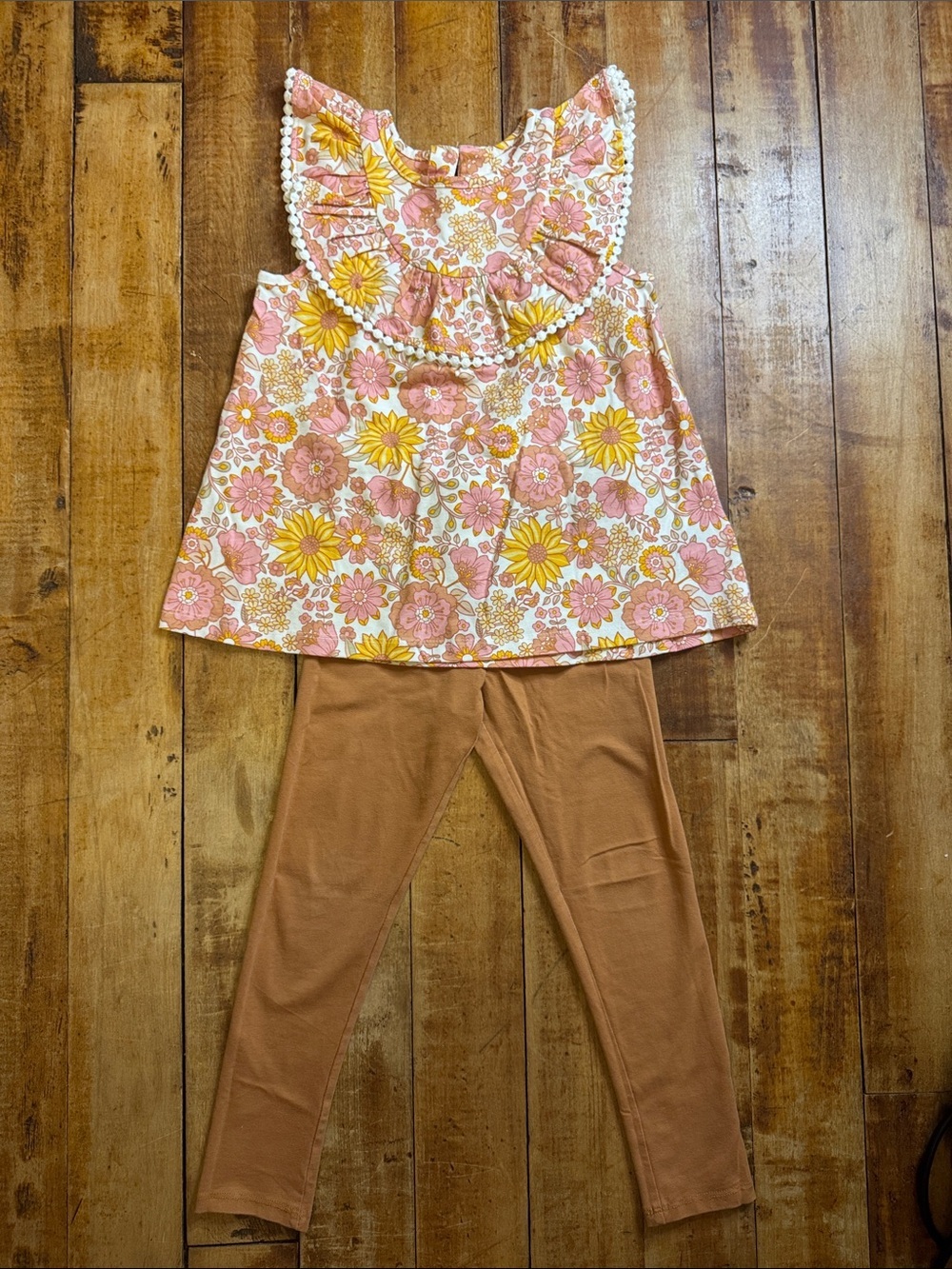 C&C Floral Pom Trim Tunic Rust Leggings 4T cotton boho neutral summer muted